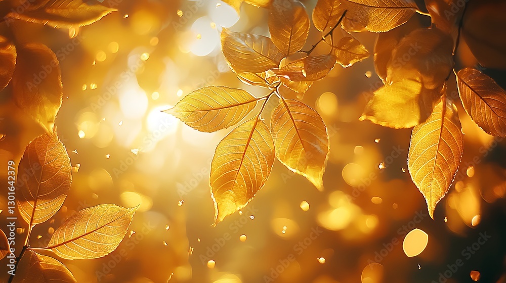 Poster close-up of autumn leaves illuminated by sunlight against a blurred, bokeh background