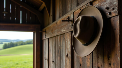 Hat displayed on a peg in a barn near rolling hills.