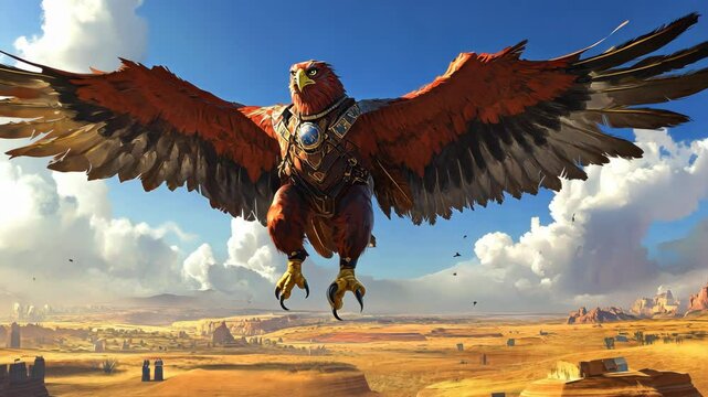 Majestic eagle soars above desert landscape with dramatic clouds in the background during golden hour sunlight