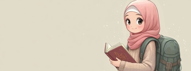 A Young Girl in a Pink Hijab Reading a Book with a Backpack, Embracing Knowledge and Imagination