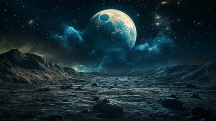 Fototapeta premium A vast, desolate lunar landscape at night, under a large, ethereal moon. Rocky terrain stretches out under a starry, cosmic sky filled with nebulae. Dramatic, otherworldly scene.
