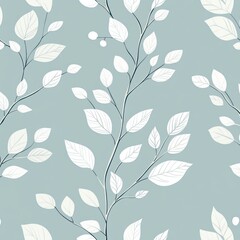 Delicate white leaves on light teal branches seamless pattern
