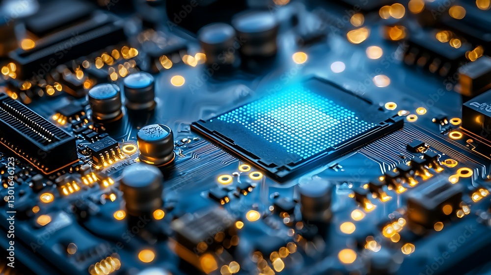Poster Close-up of illuminated CPU on motherboard with circuitry and blurred background