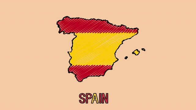 Spain Hand Drawn Cartoon Animated Map with Flag Drawn Inside the Territory with Isolated Background