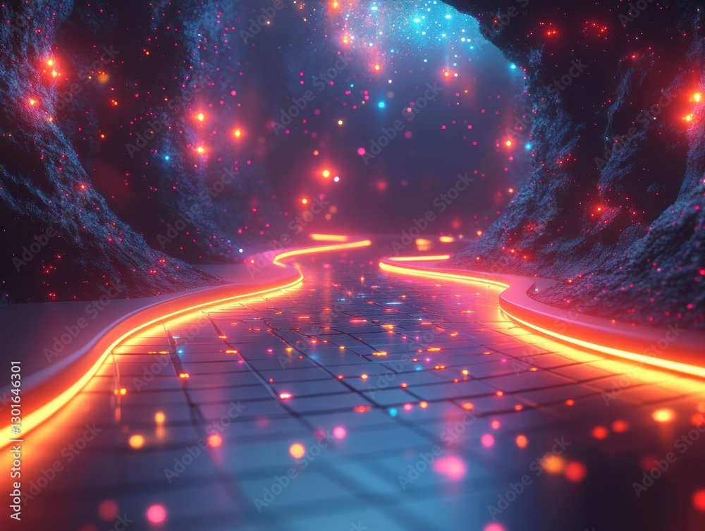 Poster A bright and colorful pathway through a darkened space with neon lighting