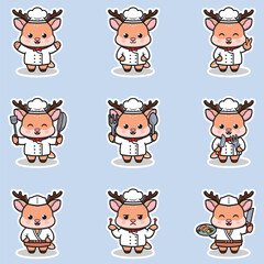 Vector Illustrations of cute Deer chef mascot cartoon character. Illustration Collection of Deer icon isolated. This is Vector Illustration.