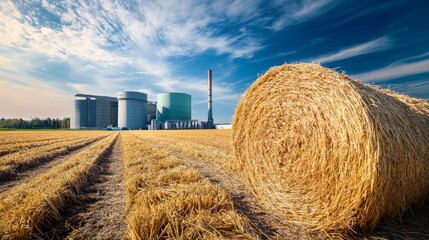 Scenic view of straw bale and power plant under blue sky