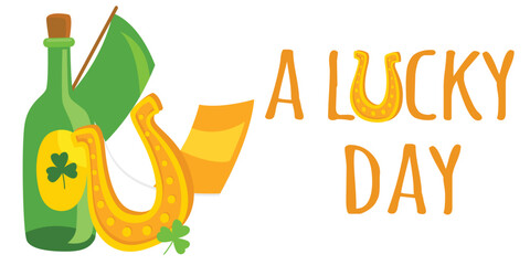 Naklejka premium A lucky day -Happy St. Patrick's Day - hat, gold coins, horseshoe,, shamrock, leprechaun, cauldron, beer bottle - lucky vector graphics