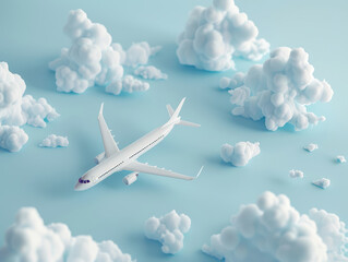 Modern 3D Plane Flying Through Dreamy Clouds in Light Blue Skyscape