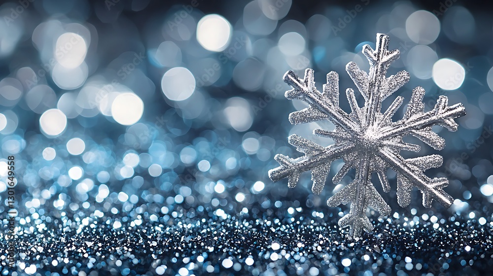 Poster Close-up shot of silver snowflake on sparkly blue surface with bokeh background