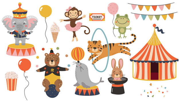 Circus animals clipart, Circus set collection vector, Cute animals, Carnaval clipart