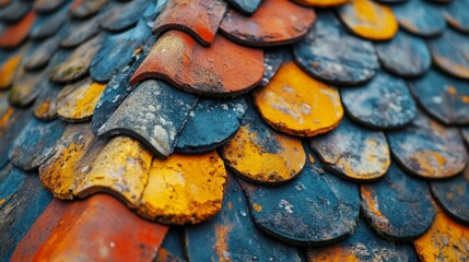 Colorful weathered roof tiles with rustic textures and various patterns