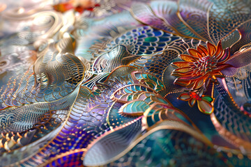 Obraz premium Intricate Patterns on a Dynamic Substrate Highlighting Vivid Colors and Detailed Artwork