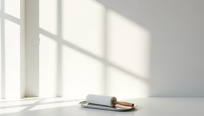 Rolling pin on tray against minimalistic white background