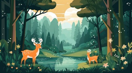Serene forest landscape with deer, water and trees on the background
