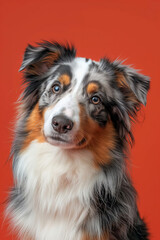 Fototapeta premium Australian Shepherd dog on minimalistic colorful background with Copy Space. Perfect for banners, veterinary ads, pet food promotions, and minimalist designs.