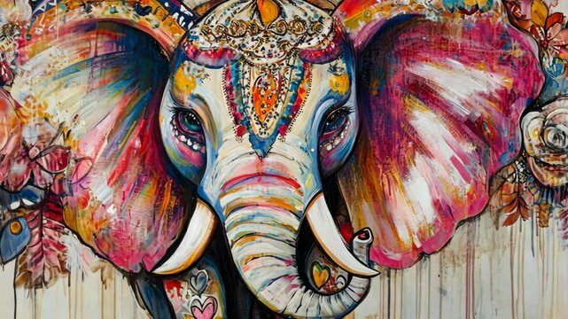 Colorful elephant mural showcasing intricate designs and vibrant patterns in an urban setting