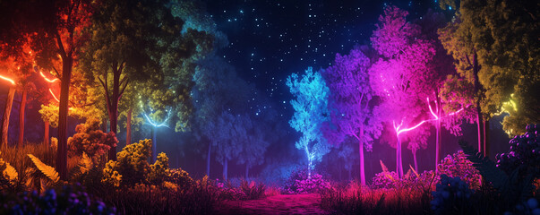 Neon Pine Forest Under a Cosmic Galaxy Sky with Stars and Nebulae &ndash; Fantasy Night Landscape with Glowing Colors, Cinematic Digital Art, and Hyper-Realistic Vector Illustration