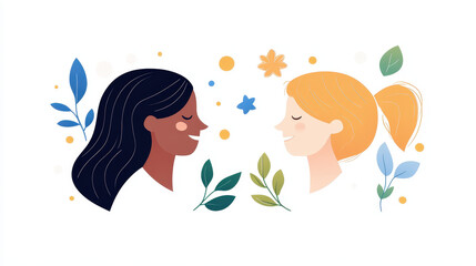 Obraz premium Two women with different hair colors face each other, smiling, surrounded by colorful elements such as plants and stars. This artwork emphasizes unity and diversity in a lively visual style
