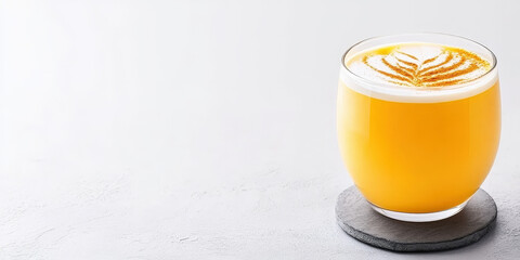 Golden turmeric latte served in a ceramic cup with a delicate cinnamon design on top is presented on a simple white table with soft, warm natural lighting enhancing its inviting appearance