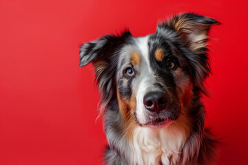 Fototapeta premium Australian Shepherd dog on minimalistic colorful background with Copy Space. Perfect for banners, veterinary ads, pet food promotions, and minimalist designs.