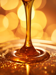 Honey dripping with golden bokeh background
