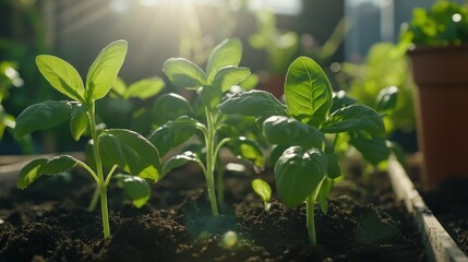 Sunlight on young basil seedlings in a raised garden bed