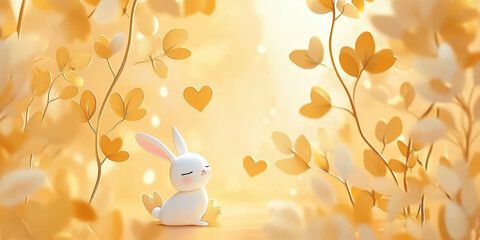 A bunny and chick relax in a scenic meadow bathed in warm golden light, framed by towering sunflowers and gentle foliage, creating a cheerful and harmonious atmosphere