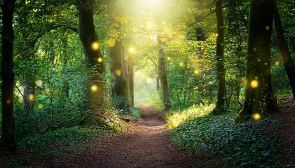 sunlit path through a lush mystical forest with fireflies