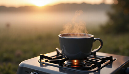 Steaming coffee cup on stove with sunrise background