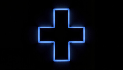 Obraz premium Neon cross illuminated, glowing blue and gray on black background, symbolism