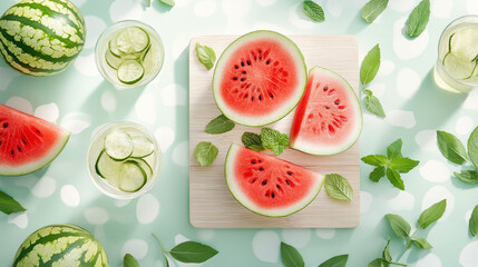 Fresh watermelon slices arranged on a wooden board with mint leaves create a colorful display during a summer picnic. Bright natural light enhances the cheerful atmosphere of the day