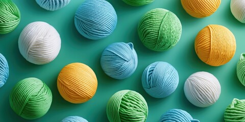 Colorful yarn balls arranged on a vibrant surface for crafting and creative projects