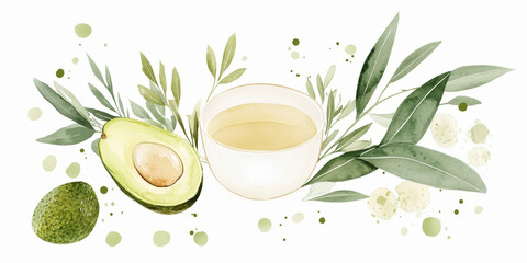 Warm watercolor illustration showcasing a cozy vegan breakfast with avocado toast, fresh herbs, and a cup of herbal tea, evoking a peaceful and inviting atmosphere