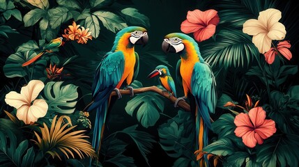 Obraz premium A beautifully detailed tropical wallpaper with dense lush foliage vibrant flowers and colorful parrots perched in a thriving exotic jungle environment