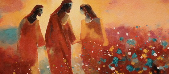 Disciples Encounter the Risen Christ on the Road to Emmaus, watercolor