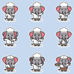 Vector Illustrations of cute Elephant chef mascot cartoon character. Illustration Collection of Elephant icon isolated. This is Vector Illustration.