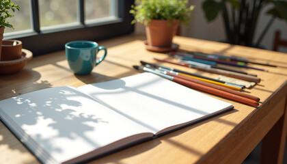 Artistic workspace with blank notebook and colorful paintbrushes