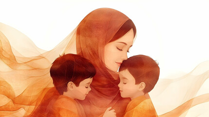 Loving Mother Holds Two Sons Gently