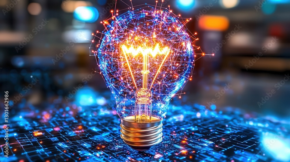 Poster intricate algorithmic maze with luminous light bulb futuristic digital of a complex glowing and inte