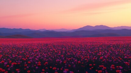 Sunrise over a vast field of poppies, mountains in the distance