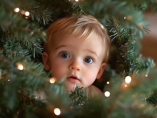 Baby peeks from Christmas tree, bright lights