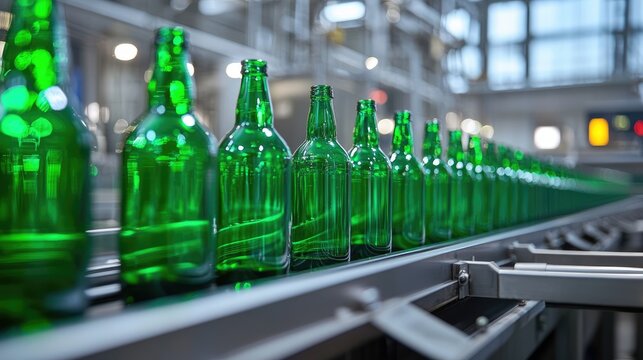 Row of Green Glass Bottles Being Transported on Conveyor Belt