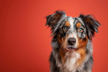 Fototapeta premium Australian Shepherd dog on minimalistic colorful background with Copy Space. Perfect for banners, veterinary ads, pet food promotions, and minimalist designs.
