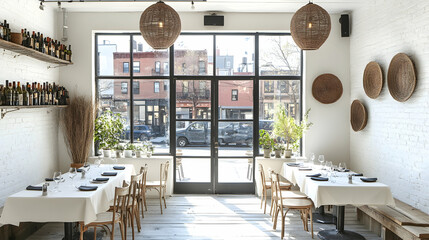 Bright, airy restaurant interior with city views