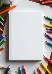 White mockup book with coloring pencils