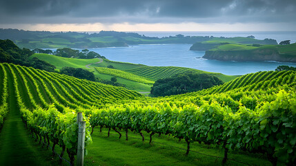 Fototapeta premium Coastal Vineyard Rows at Sunrise