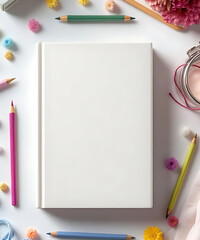 White mockup book with coloring pencils
