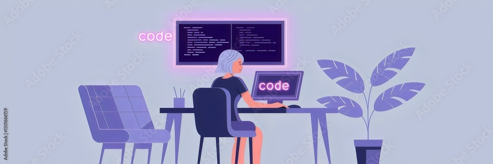 Wall mural minimalist illustration of female coder working at desk with neon lights – ideal for tech branding, 