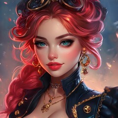 Steampunk woman portrait;  fantasy;  glowing;  cityscape background.  Possible use  game art